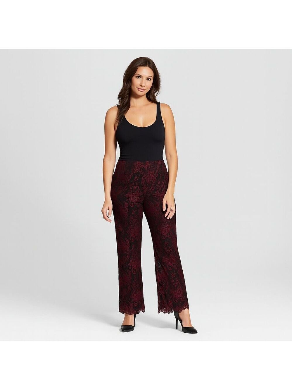 Vintage Finity Studio Red Floral Lace Pants | Sz 12 | Black Contrast